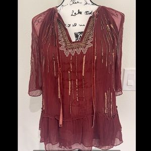 Anthropologie Floreat with Sequins Burgundy blouse Size XS